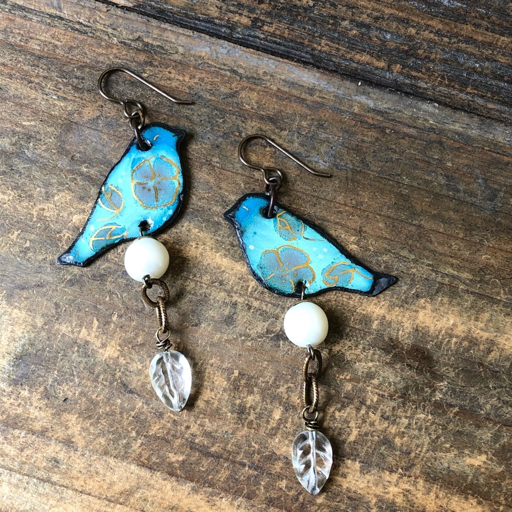 Painted Enamel Bird Pearl Earrings - Picture 3 of 9